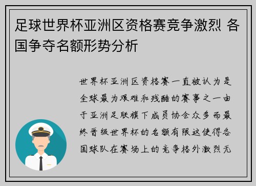 足球世界杯亚洲区资格赛竞争激烈 各国争夺名额形势分析